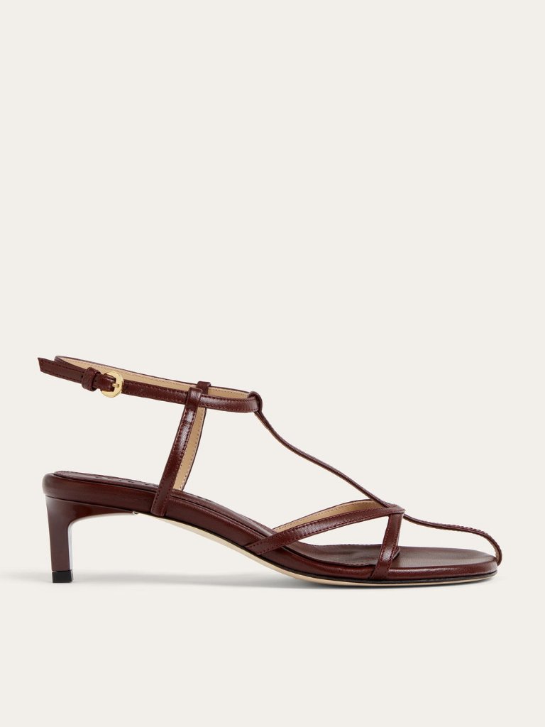 Dear Frances Tee Sandal In Bordeaux Dark Red Strappy Kitten Heel Leather